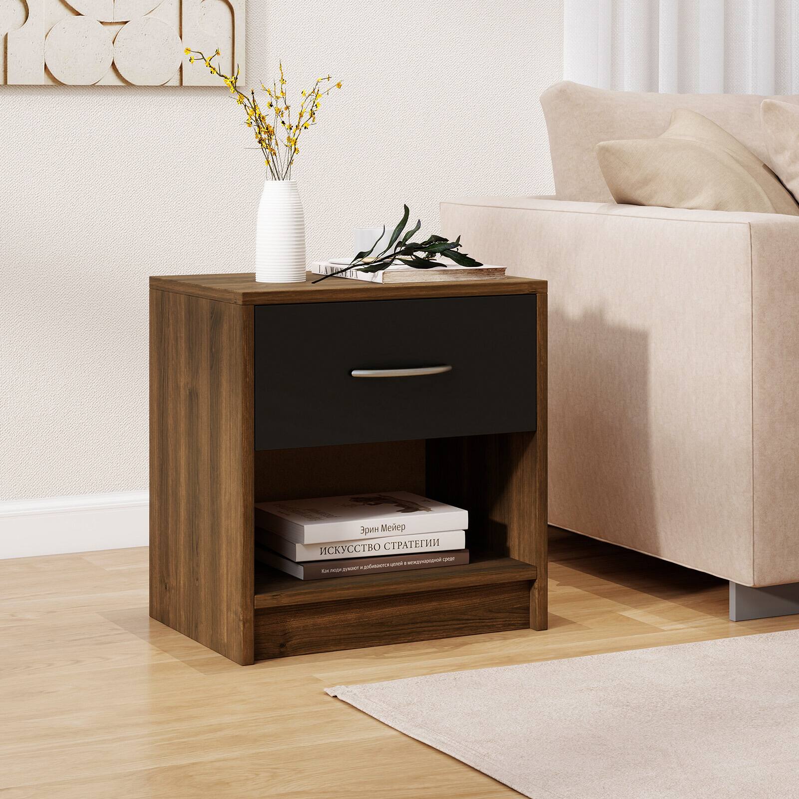 Alt View 5. Gymax - Gymax 2 PCS Nightstand w/ Drawer Side Table w/ Slide-out Drawer Open Storage Shelf Brown - Brown.