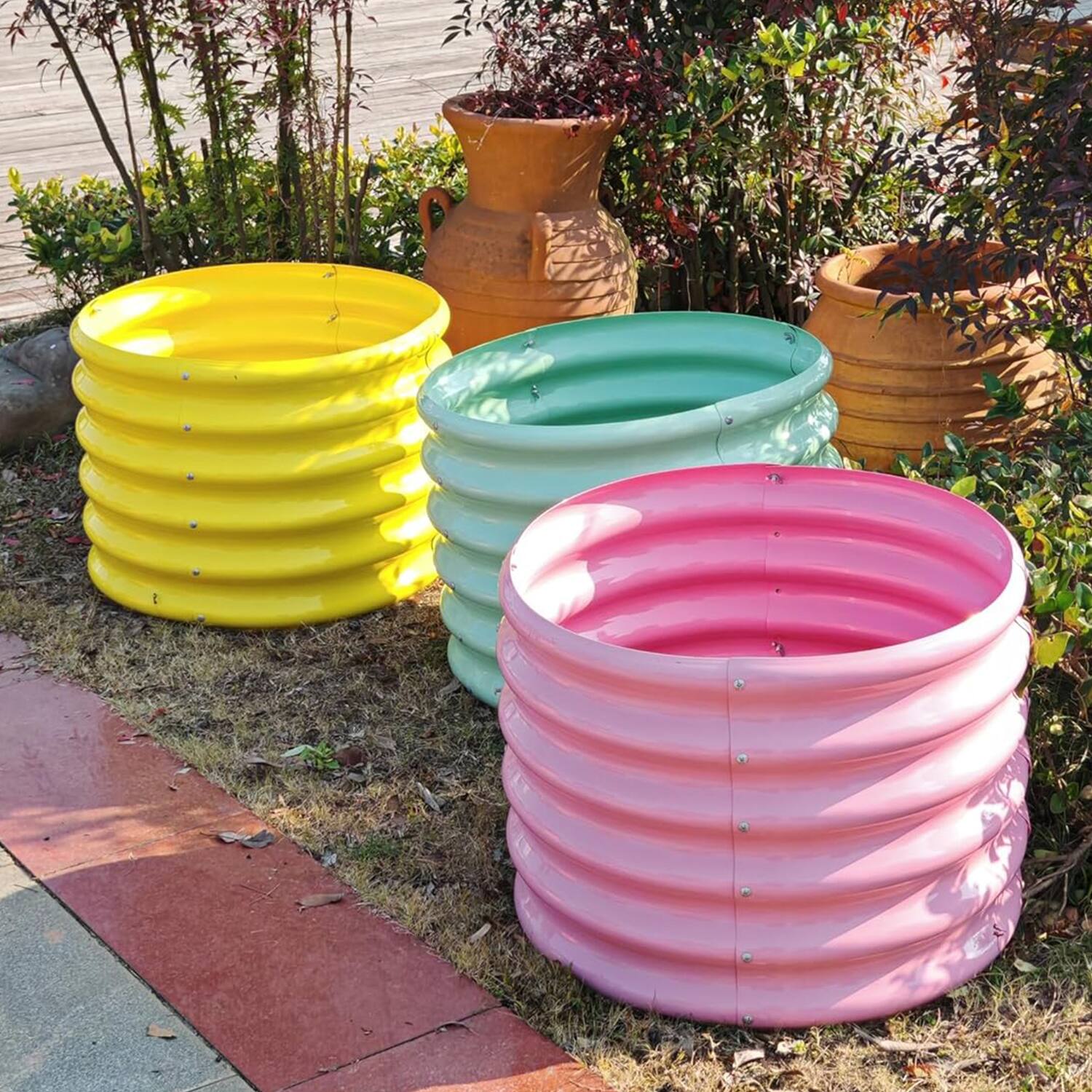 Back. A Anleolife - 4-Pack Kids Mini Yellow Metal Circle Raised Garden Bed Planter Box for Vegetables (24 in. L x 24 in. W x 18 in. H) - Yellow.