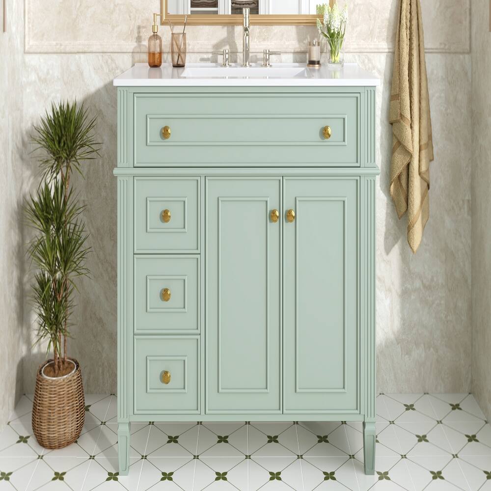 Alt View 6. Loheer - Loheer 36 Inch Bathroom Vanity with Sink, Green Solid Wood Cabinet, Flip-Out Drawer & Gold Handles - Green.