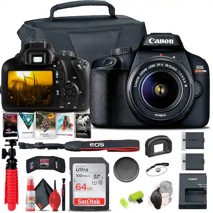 Canon EOS Rebel T100
Canon EF-S Lens 18-55mm Zoom 1:3.5-5.6
Canon Zoom Lens EF-S 18-55mm 1:3.5-5.6
SanDisk Ultra 100 MB/s 64GB SD Card
Canon Battery Charger CB-2LI
Canon LP-E10 Battery
Canon Lens Hood
Canon Lens Cap
Canon Strap
Canon Remote Control
Canon USB Cable
Canon Cleaning Kit
PhotoMix Pro
VideoStudio
Painter 7
PaintShop Pro X7
PhotoShot Pro
Canon Camera Bag
Canon Lens Cap
