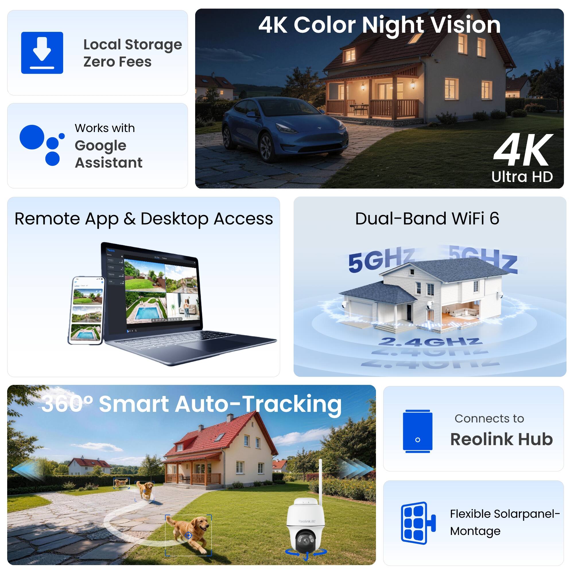 Local Storage Zero Fees  
4K Color Night Vision  
Works with Google Assistant  
4K Ultra HD  
Remote App & Desktop Access  
Dual-Band WiFi 6  
5GHz 5GHz  
2.4GHz 2.4GHz 2.4GHz  
360° Smart Auto-Tracking  
Connects to Reolink Hub  
Flexible Solarpanel-Montage