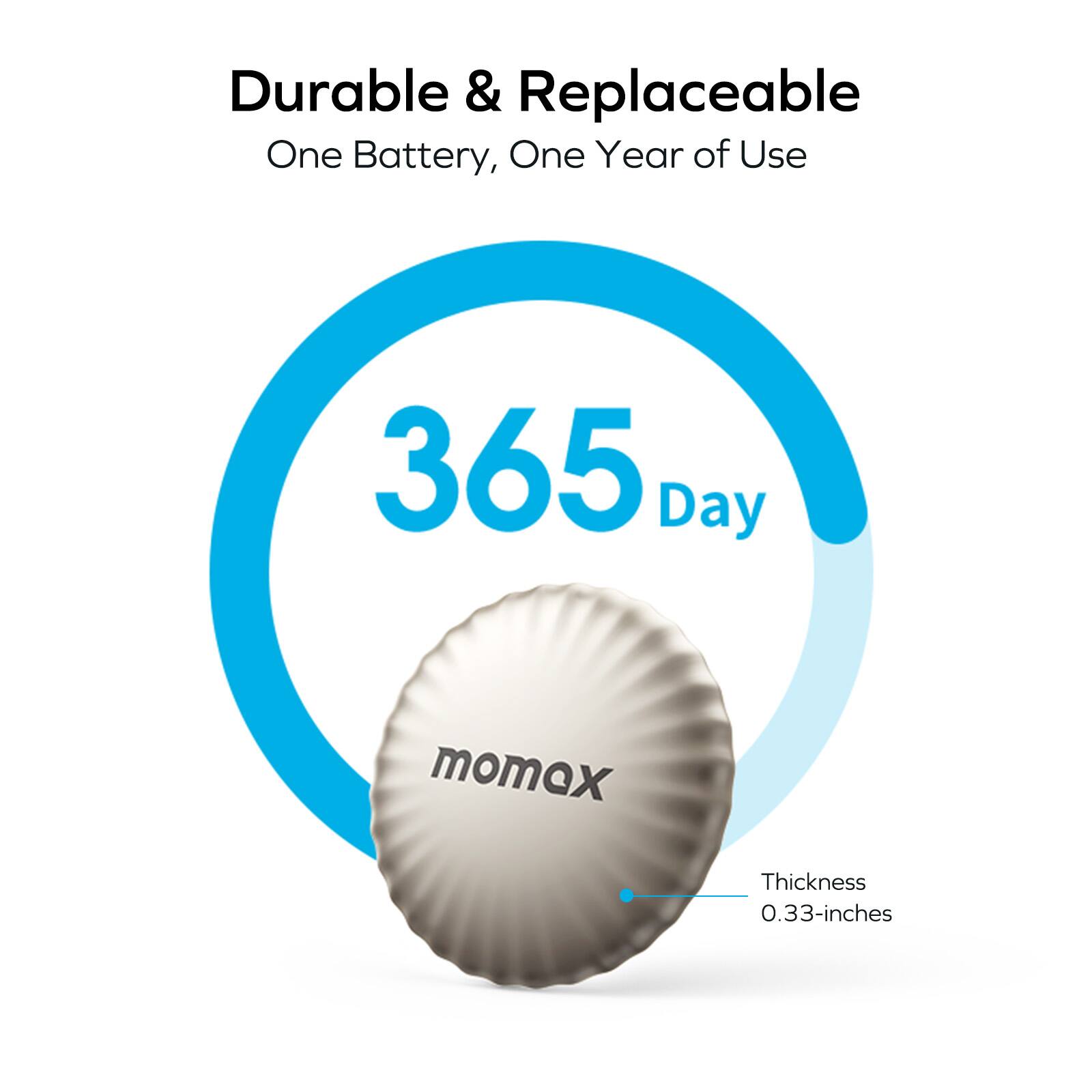 Durable & Replaceable
One Battery, One Year of Use
365 Day
momax
Thickness 0.33-inches