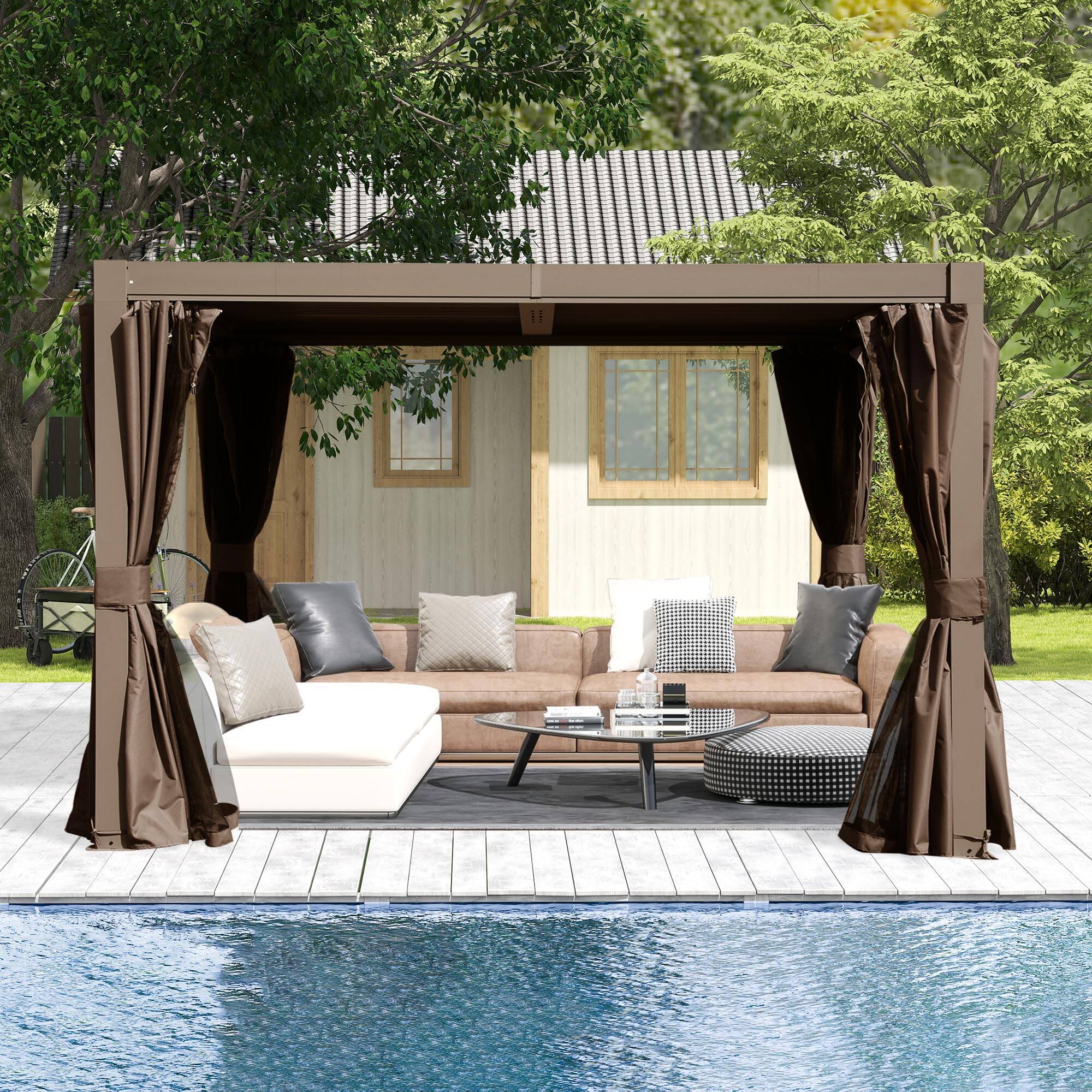Back. Loheer - Loheer Louvered Pergola 10x10 Brown Outdoor Pergola with Adjustable Louvers and Curtains for Patio Backyard.