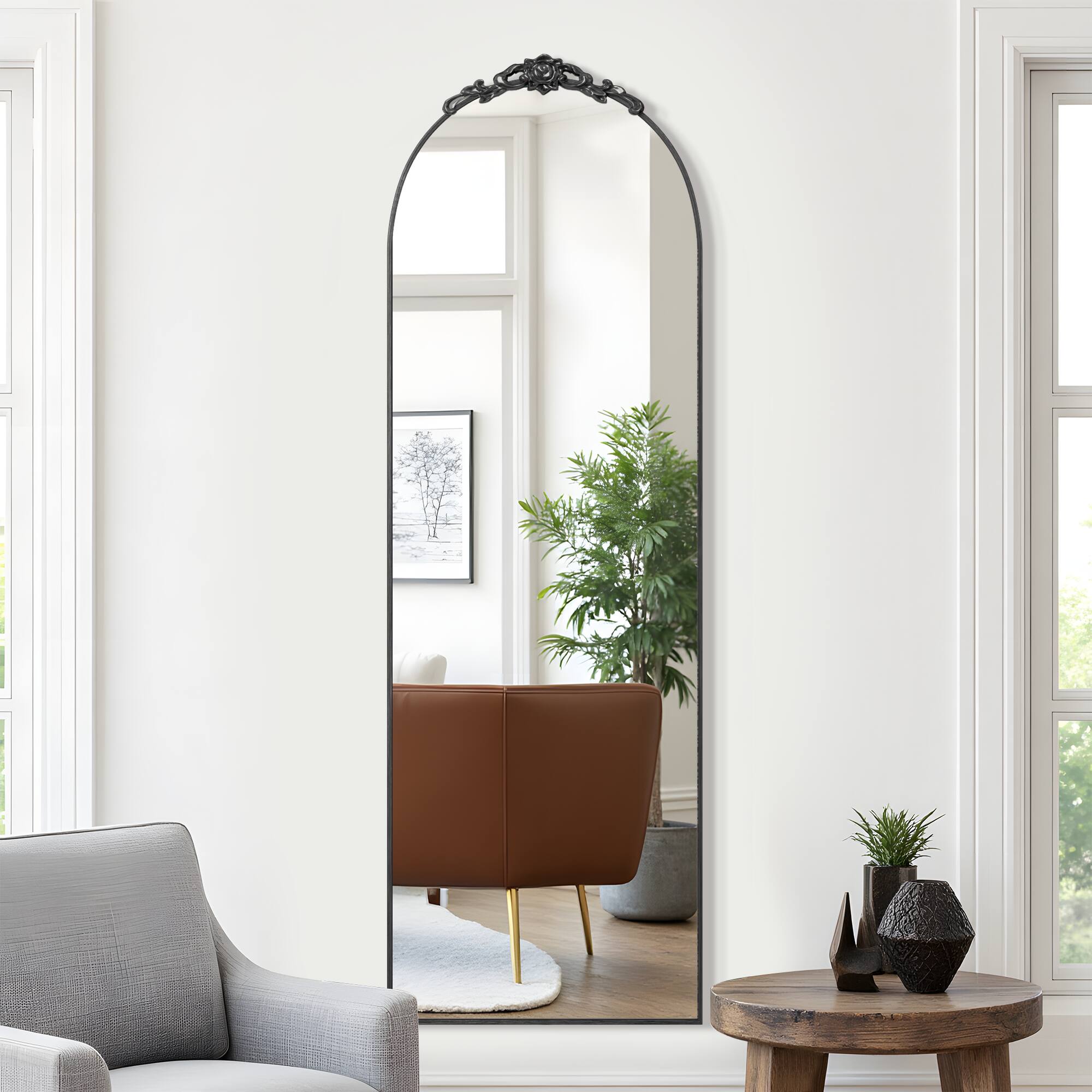 Front. Lirago - 64" x 21" Arched full body mirror with Black Scratch-Resistant Aluminum Alloy Frame with Stand - Black.