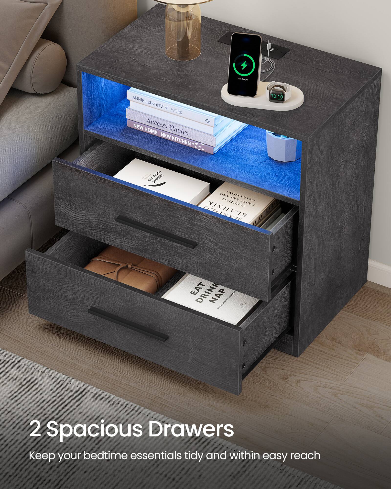 2 Spacious Drawers  
Keep your bedtime essentials tidy and within easy reach