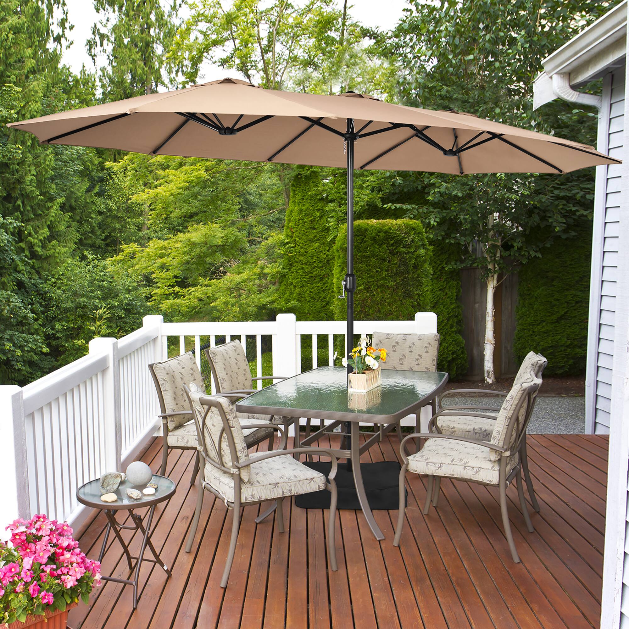 Alt View 3. Costway - 15FT Double-Sided Twin Patio Umbrella Outdoor Market W/ Crank & Base - Coffee.