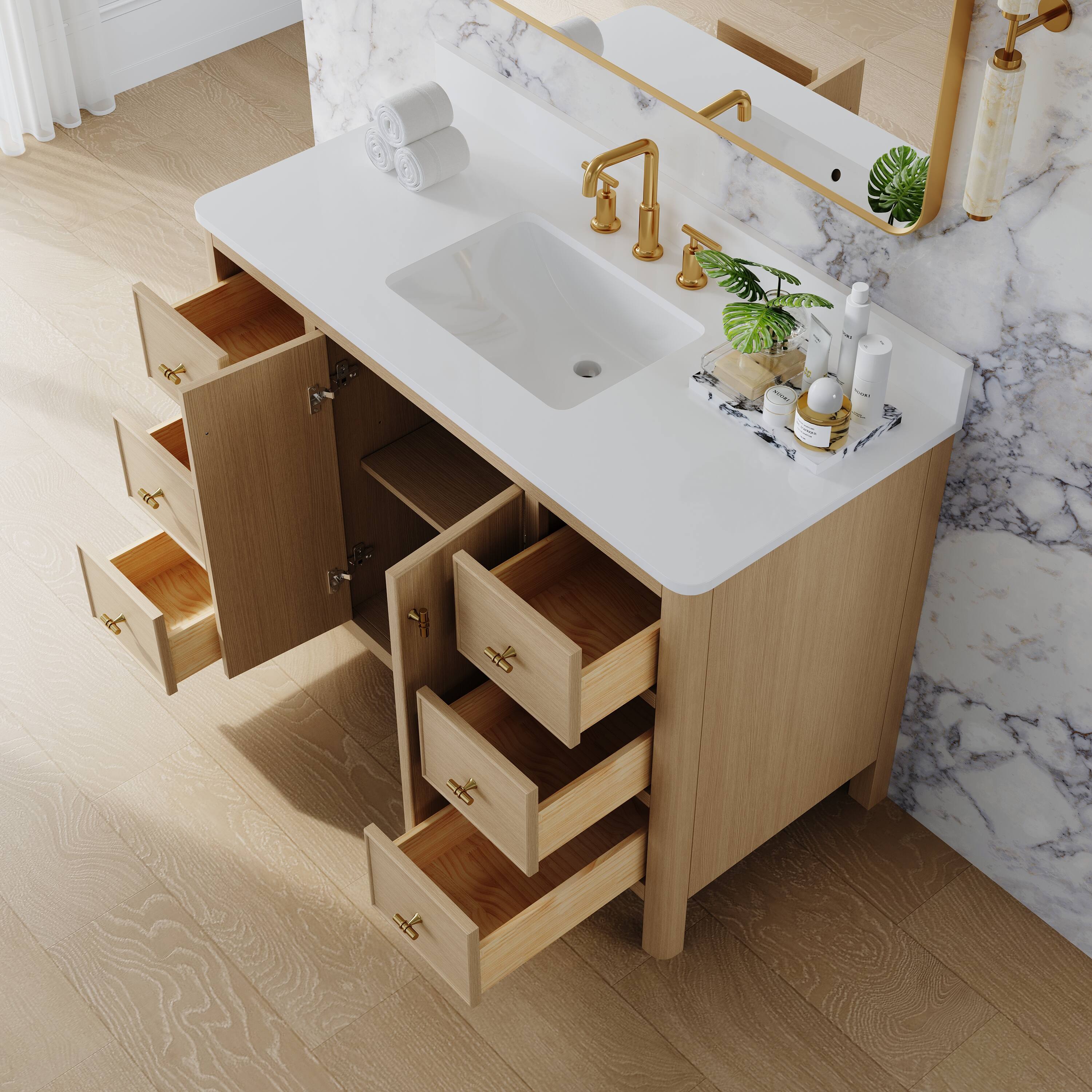 Left. WELLFOR - LORIN 48 in. Solid Wood Bath Vanity with Quartz Top, Single Sink, Soft Close, Assembled - OAK.