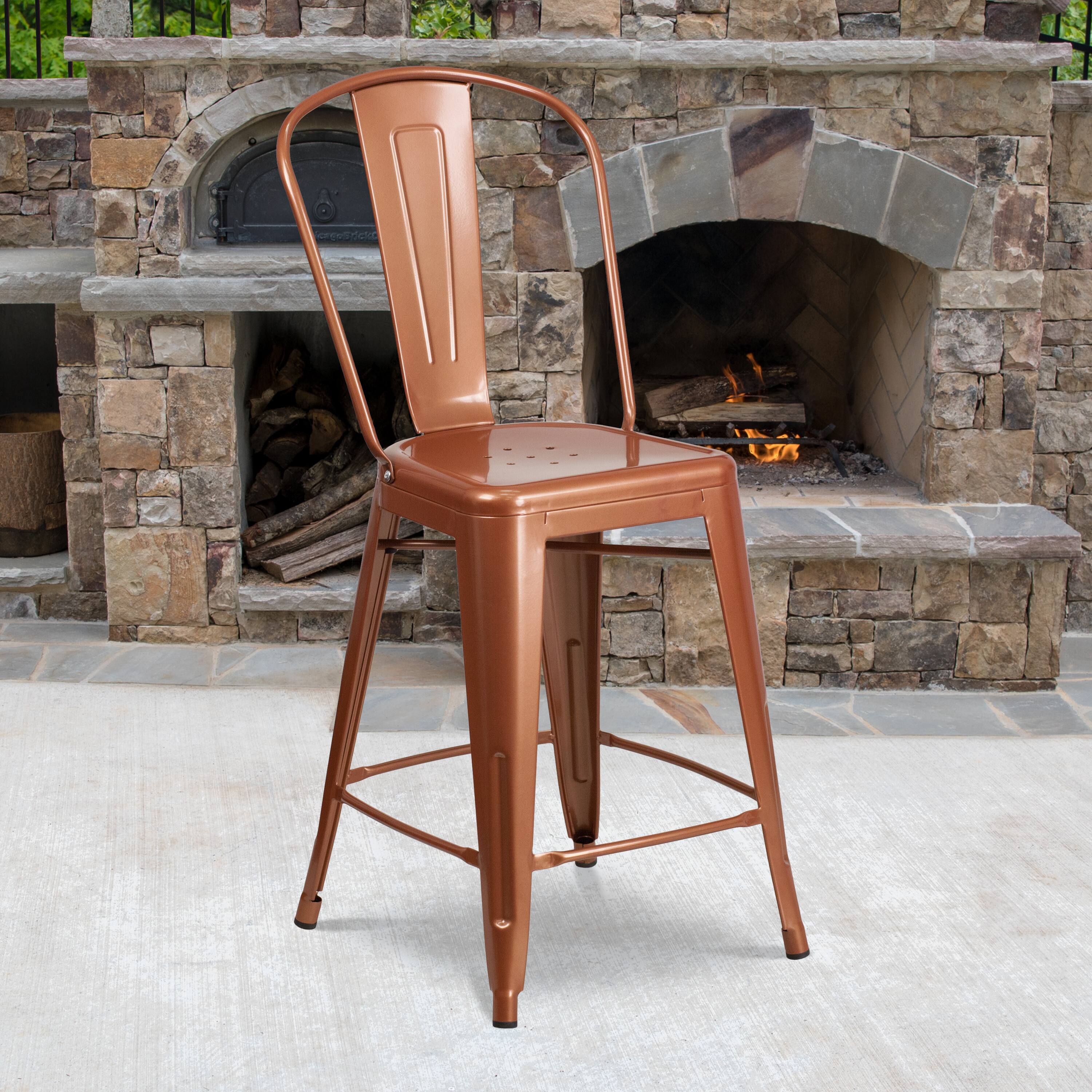 Alt View 2. Emma + Oliver - Commercial Grade 4 Pack 24" High Metal Indoor-Outdoor Counter Height Stool with Back - Copper.