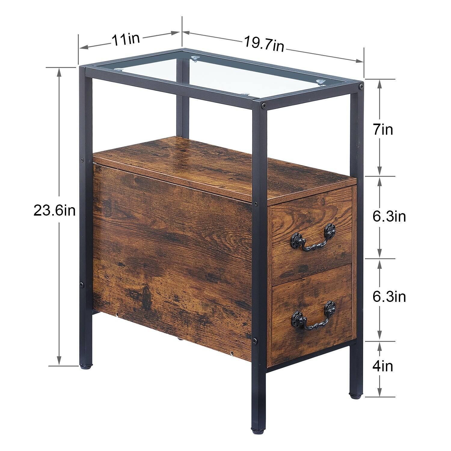 - Width: 19.7 in
- Depth: 11 in
- Height: 23.6 in
- Drawer Height: 6.3 in
- Drawer Spacing: 6.3 in
- Leg Height: 4 in