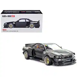 True Scale Miniatures - Nissan Skyline GT-R (R34) RHD #94 "Kaido Works GReddy V2" Carbon Fiber and Dark Gray Metallic 1/64 Model Car by Mini GT