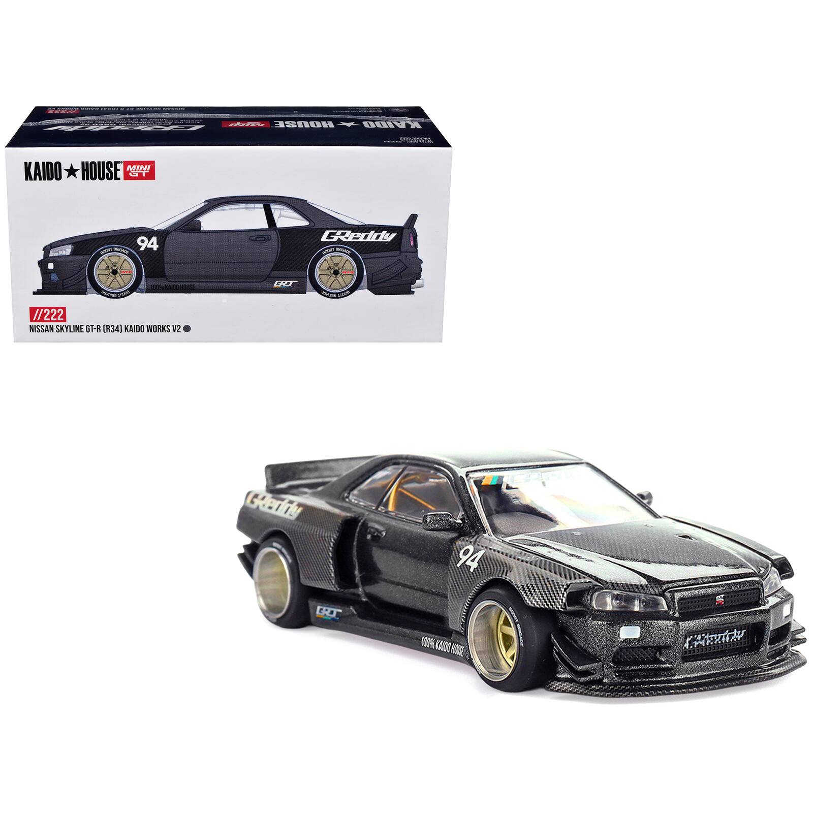 True Scale Miniatures - Nissan Skyline GT-R (R34) RHD #94 "Kaido Works GReddy V2" Carbon Fiber and Dark Gray Metallic 1/64 Model Car by Mini GT