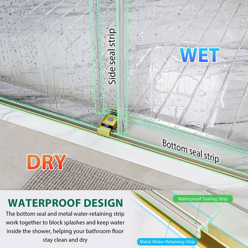 strip seal Side WET DRY Bottom seal strip WATERPROOF DESIGN

The bottom seal and metal water-retaining strip work together to block splashes and keep water inside the shower, helping your bathroom floor stay clean and dry

Waterproof Sealing Strip

Metal Water Retaining Strip