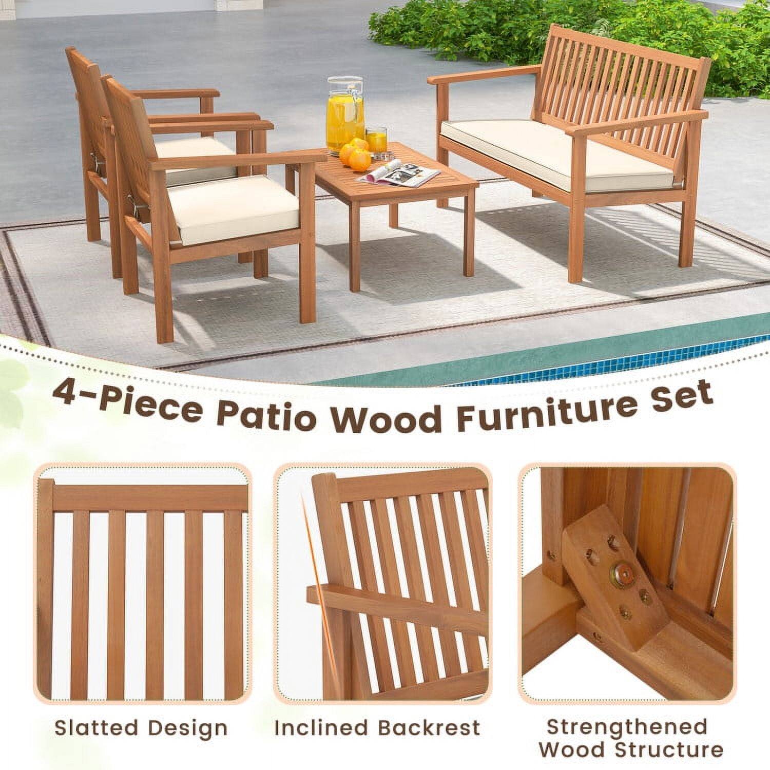 4-Piece Patio Wood Furniture Set

Slatted Design
Inclined Backrest
Strengthened Wood Structure