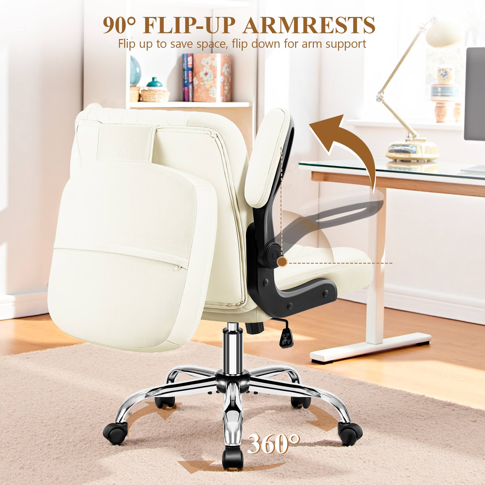 90° FLIP-UP ARMRESTS  
Flip up to save space, flip down for arm support  

360°
