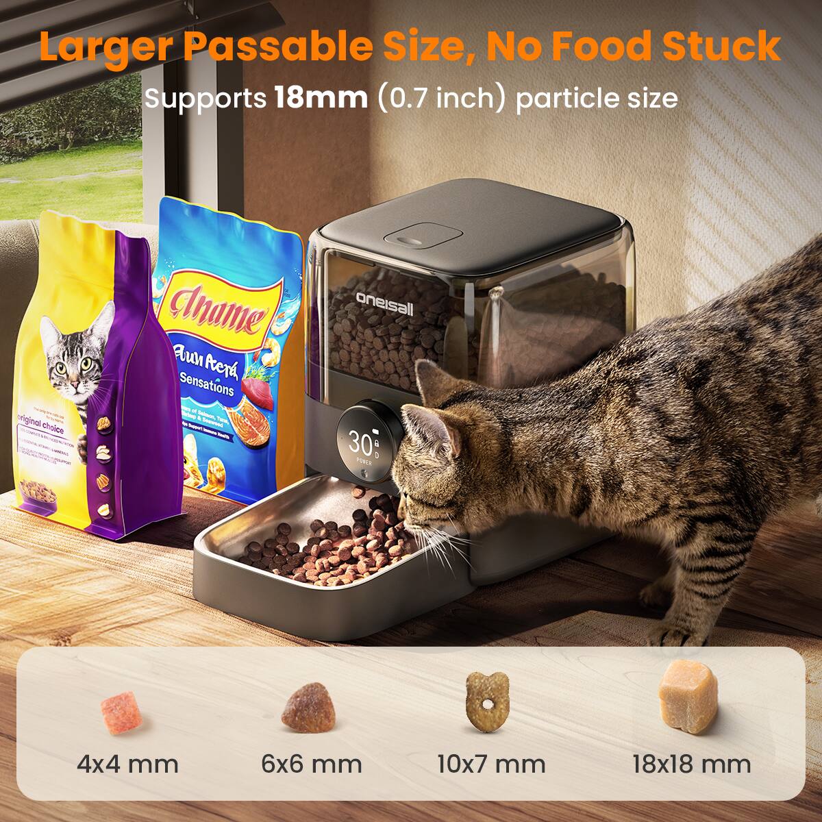 Larger Passable Size, No Food Stuck supports 18mm (0.7 inch) particle size - iginal Ga cholics Alname un Ap - Sensations - - I - 4 Fare - n - - oneisall 30 a 3 FOREA MPA 4x4 mm 6x6 mm 10x7 mm 18x18 mm