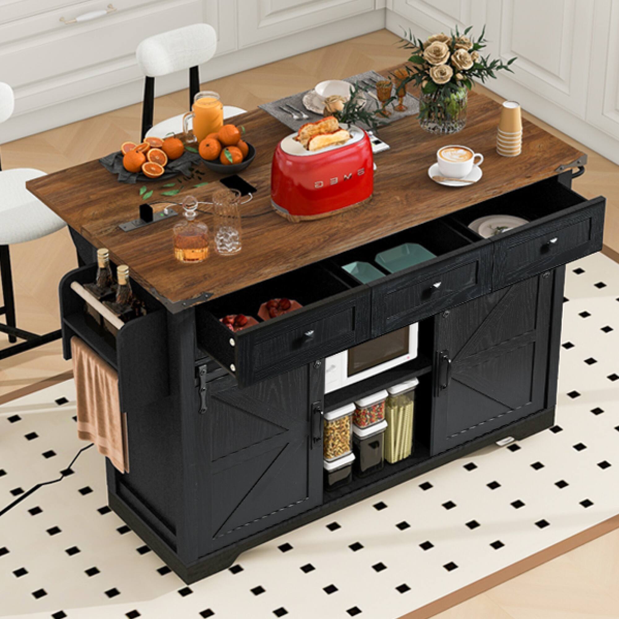 Left. ELEMENT ACE - Farmhouse Kitchen Island with Power Outlet, Drop Leaf, and Sliding Barn Doors for Versatile Storage - Black.