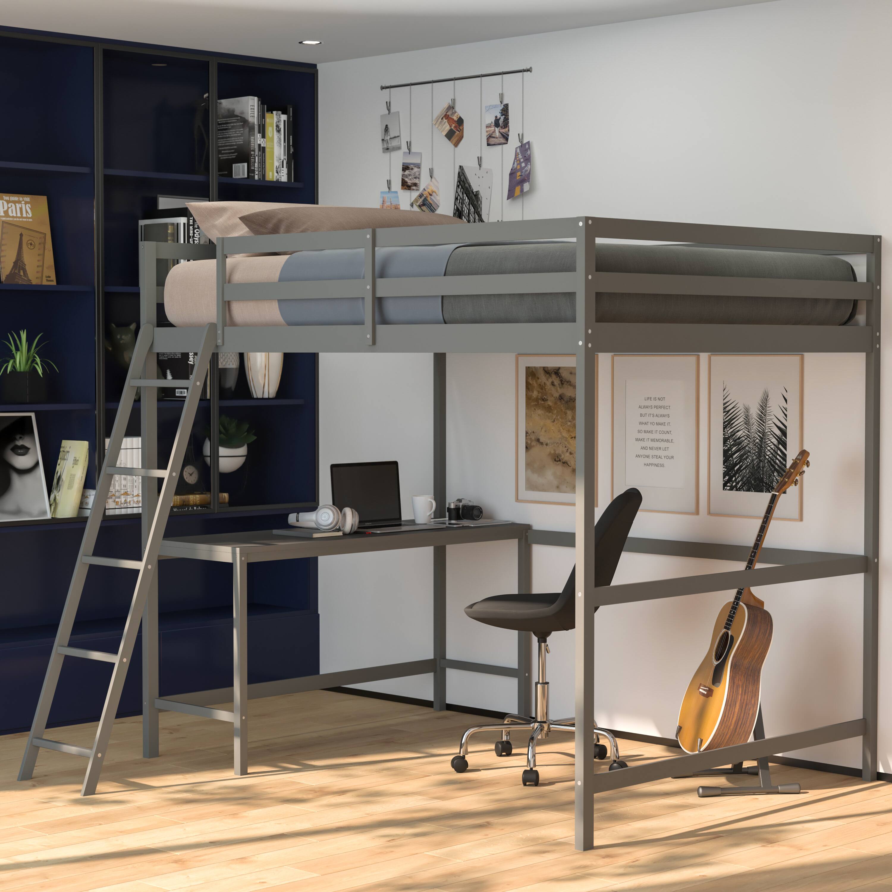 Alt View 2. Flash Furniture - Riley Loft Bed Frame with Desk, Full Size Wooden Bed Frame with Protective Guard Rails & Ladder for Kids and Teens - Lig - Gray.