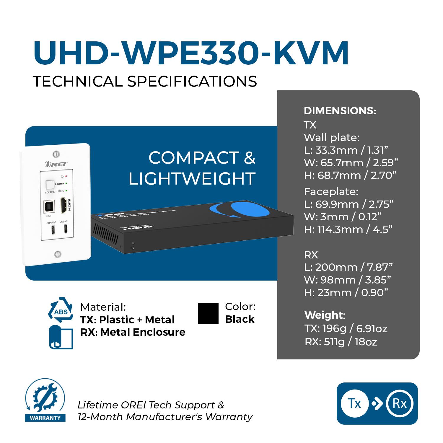 UHD-WPE330-KVM TECHNICAL SPECIFICATIONS

COMPACT & LIGHTWEIGHT

DIMENSIONS:
TX Wall plate:
L: 33.3mm / 1.31"
W: 65.7mm / 2.59"
H: 68.7mm / 2.70"

Faceplate:
L: 69.9mm / 2.75"
W: 3mm / 0.12"
H: 114.3mm / 4.5"

RX
L: 200mm / 7.87"
W: 98mm / 3.85"
H: 23mm / 0.90"

Material:
TX: Plastic + Metal
RX: Metal Enclosure

Color: Black

Weight:
TX: 196g / 6.91oz
RX: 511g / 18oz

Lifetime OREI Tech Support & 12-Month Manufacturer's Warranty