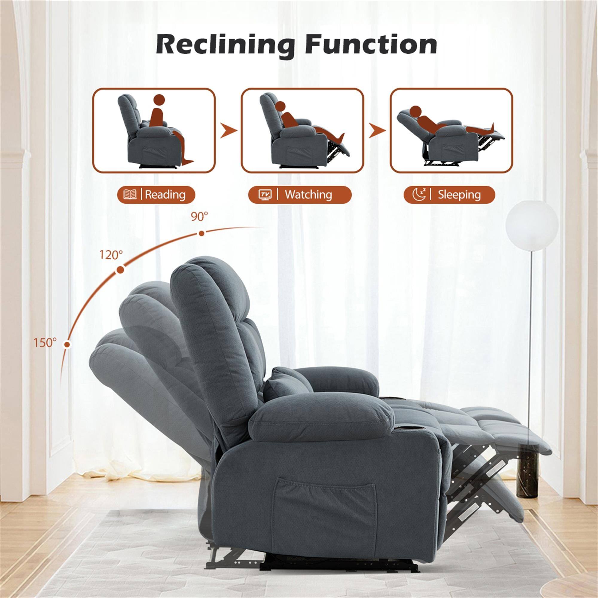 Reclining Function  
Reading 90°  
Watching 120°  
Sleeping 150°