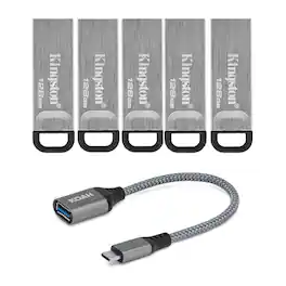 Kingston - 128GB DataTraveler Kyson 200MB/s Read 60MB/s Write Speed Flash Drive (5-pack) with USB-C Adapter bundle