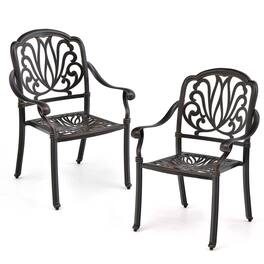 Costway - 2 PCS Patio Cast Aluminum Dining Chairs Armrests Outdoor Stackable - Brown