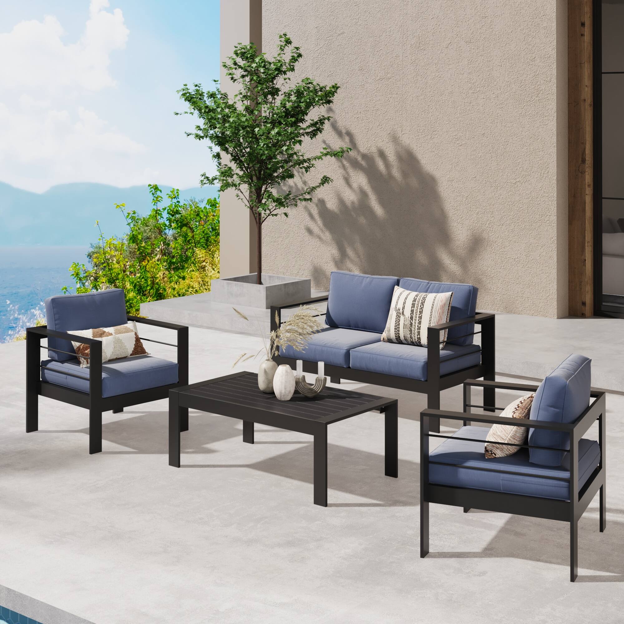 Angle. Mondawe - Outdoor Aluminum Loveseat with 5" Thick and Soft Cushion - Blue.