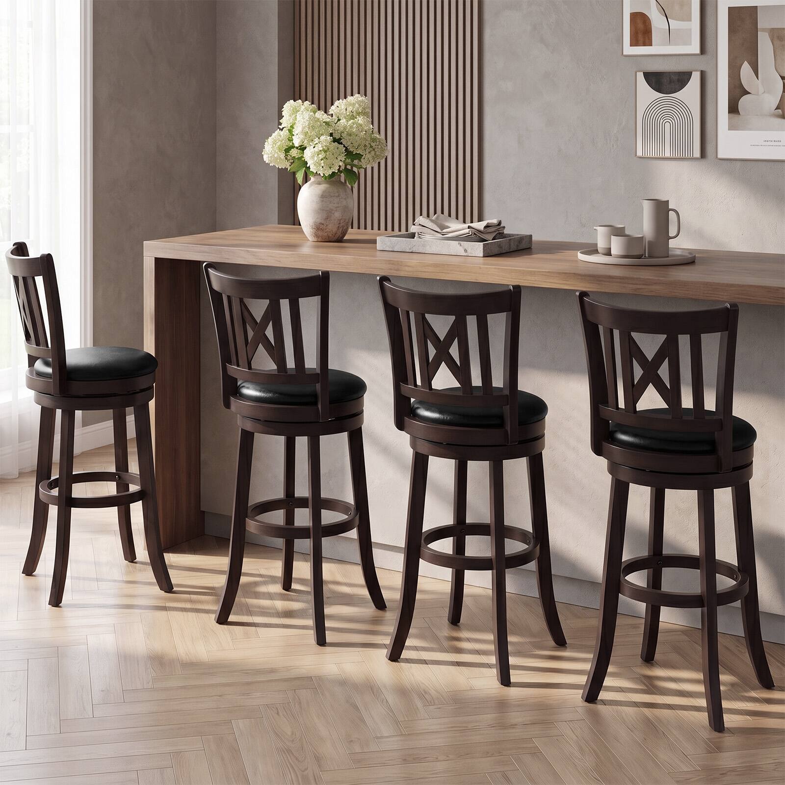 Alt View 5. Costway - Costway Set of 2 Bar Stools 30" Swivel Bar Chairs with Footrest, Hollowed Backrest - Brown 30".