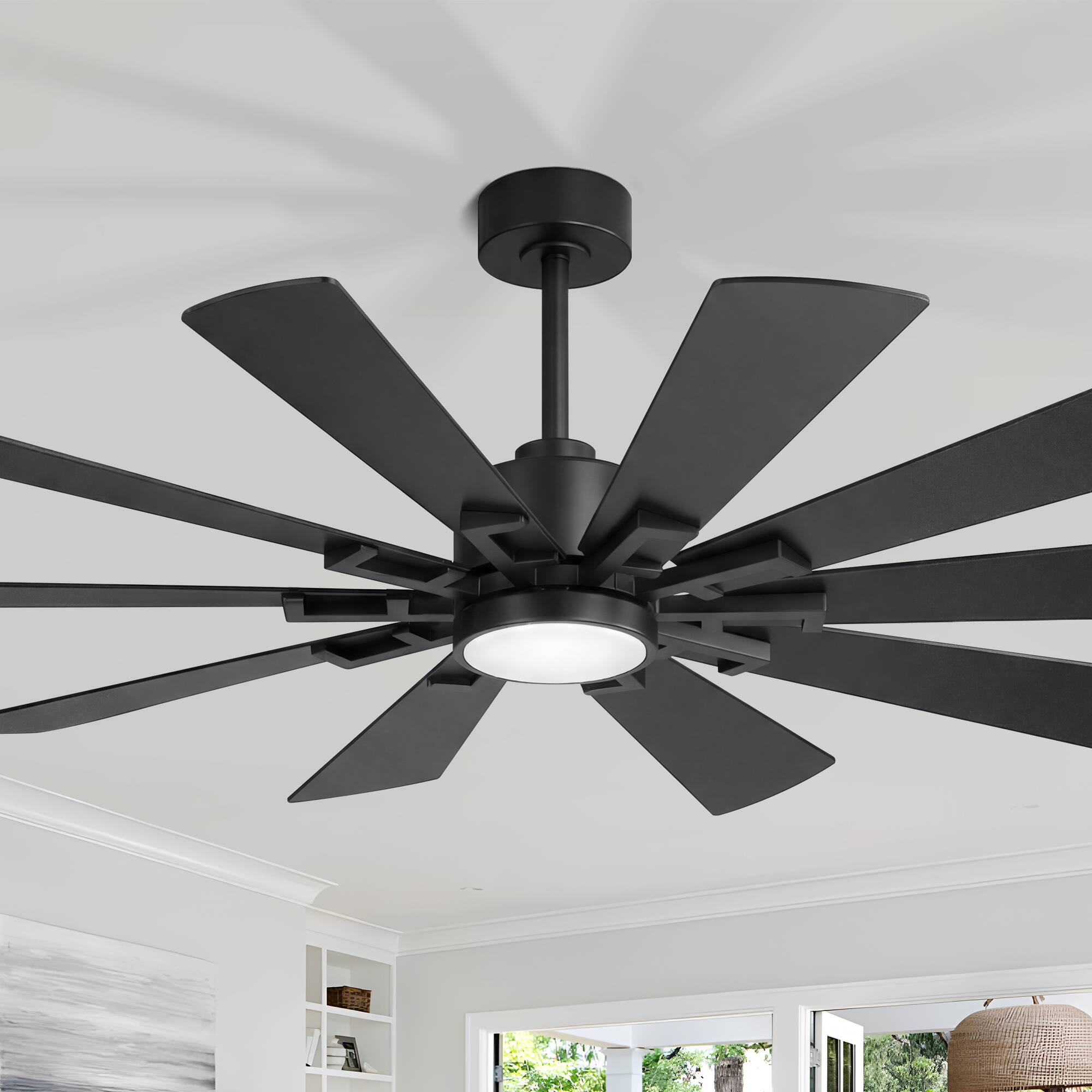 Back. Breezary - 62-Inch Modern Ceiling Fan with 10 Plywood Blades, DC Motor, 6-Speed Remote, 3-Color Dimmable LED Light, Dual Downrods - Matte Black.
