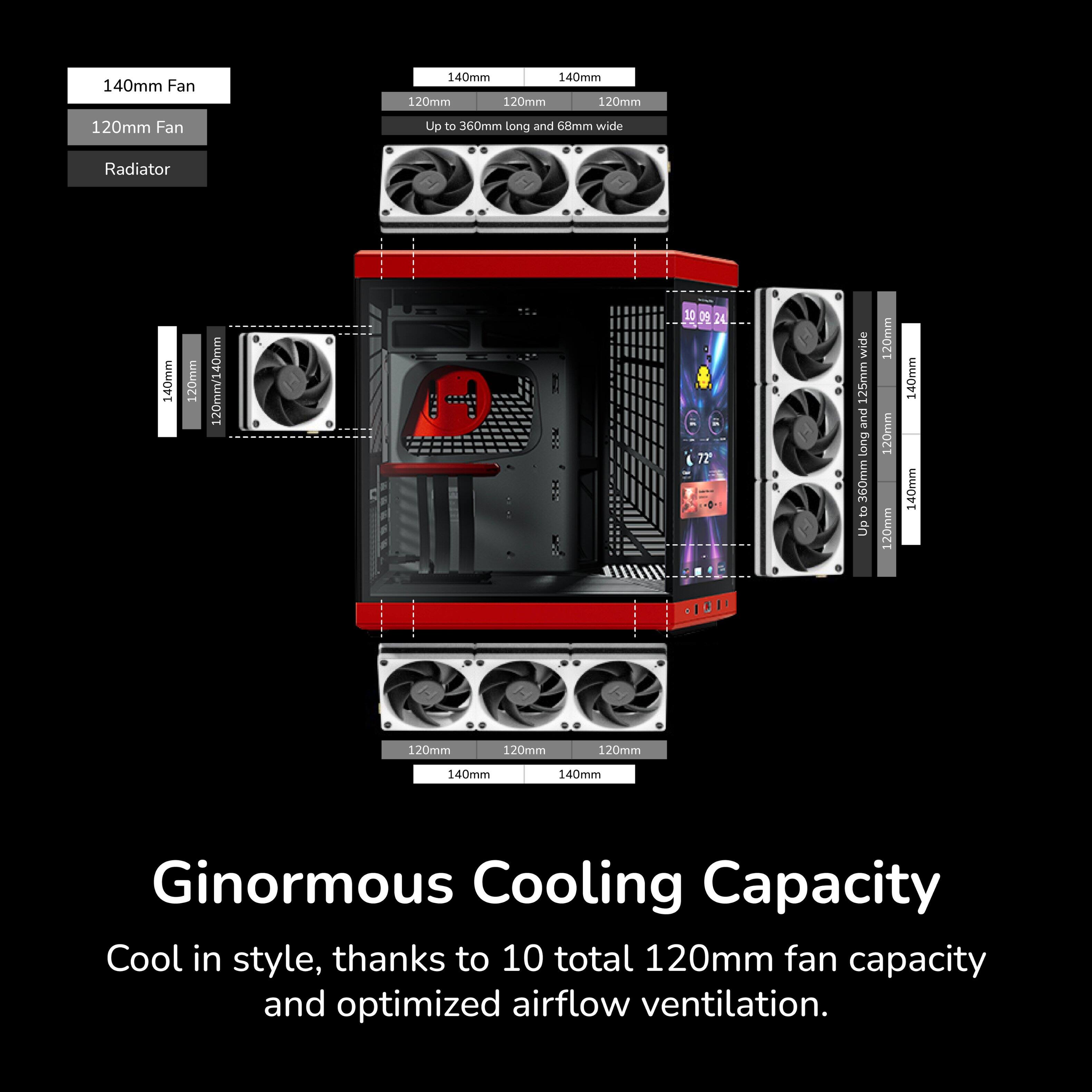 140mm Fan  
140mm  
140mm  
120mm  
120mm  
120mm  
120mm  
Fan  
Up to 360mm long and 68mm wide  
Radiator  
140mm  
120mm  
120mm/140mm  
10 0g  
24 - 77 wide  
125mm and Long  
360mm to Up  
120mm  
120mm  
120mm  
140mm  
140mm  
120mm  
120mm  
120mm  
140mm  
140mm  
Ginormous Cooling Capacity  
Cool in style, thanks to 10 total 120mm fan capacity and optimized airflow ventilation.