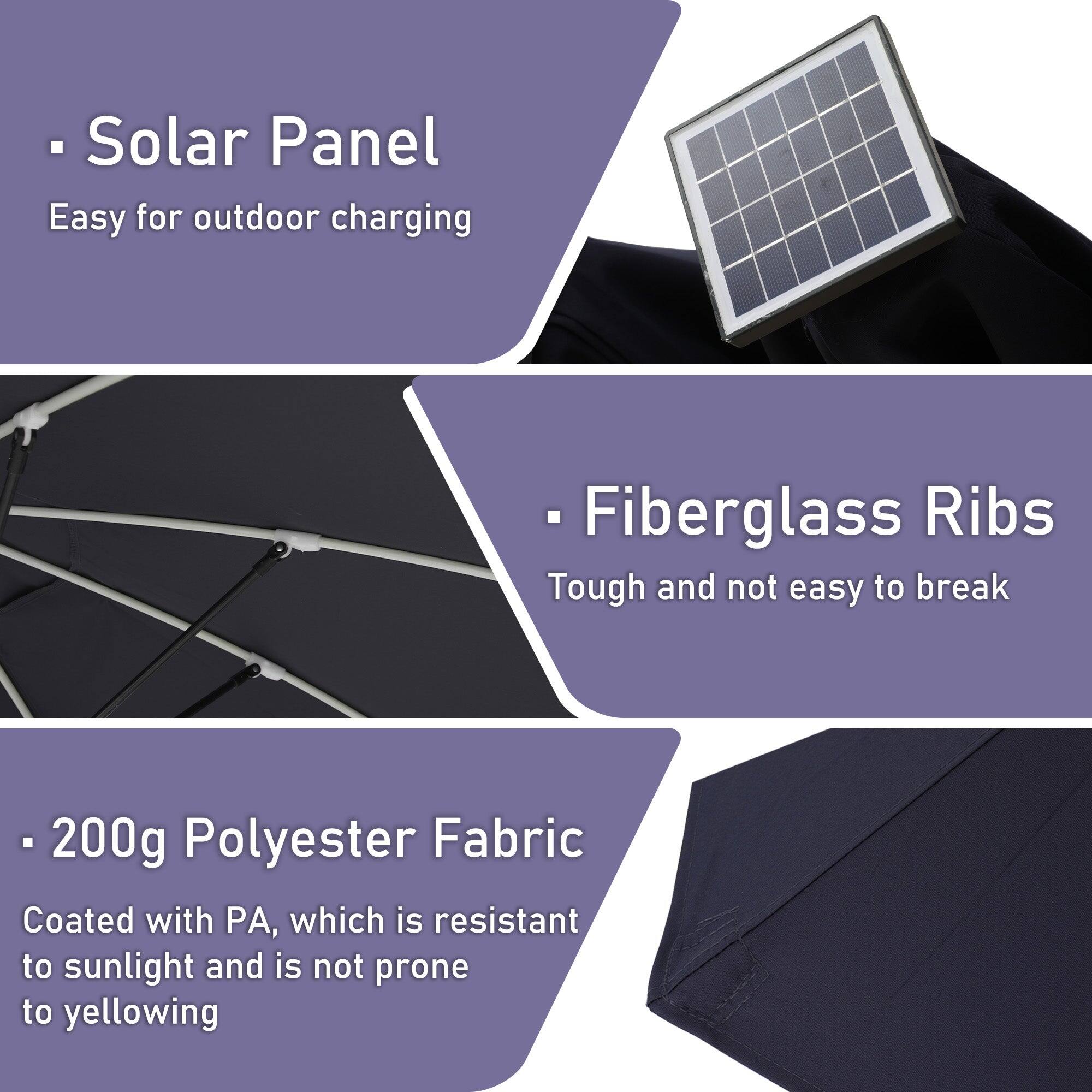 - Solar Panel  
Easy for outdoor charging

- Fiberglass Ribs  
Tough and not easy to break

- 200g Polyester Fabric  
Coated with PA, which is resistant to sunlight and is not prone to yellowing