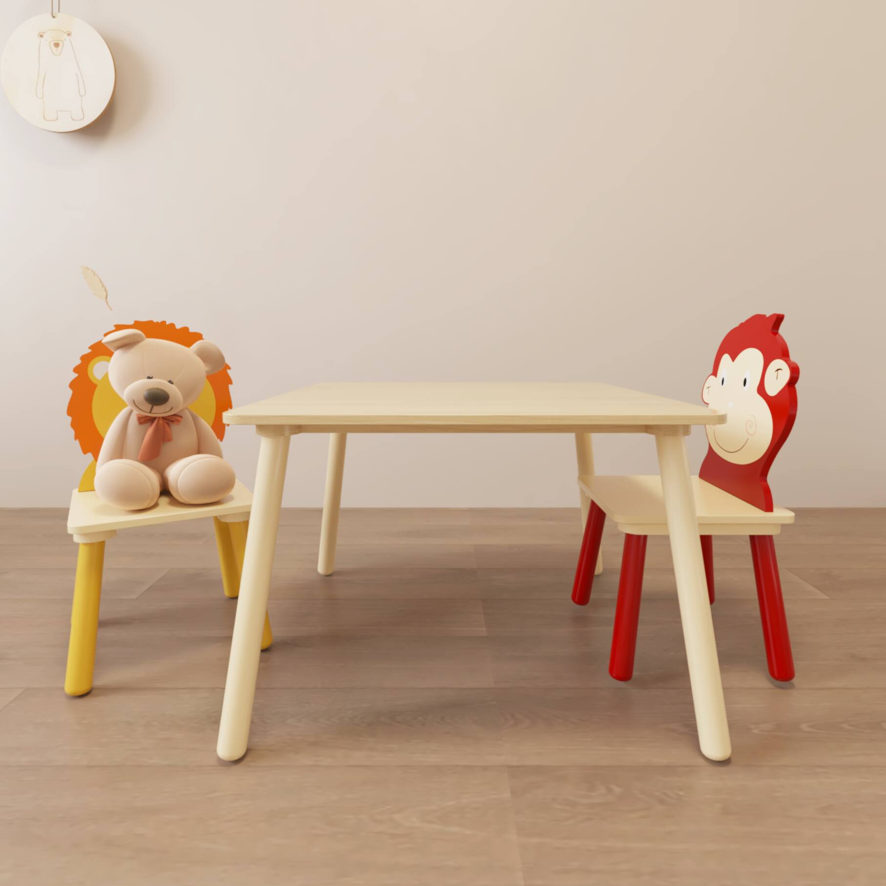 Alt View 8. Tiramisubest - Kids Table and 2 Chairs Set, 3 Pieces Toddler Table and Chair Set, Wooden Activity Play Table Set (Lion & Monkey) - Natural.
