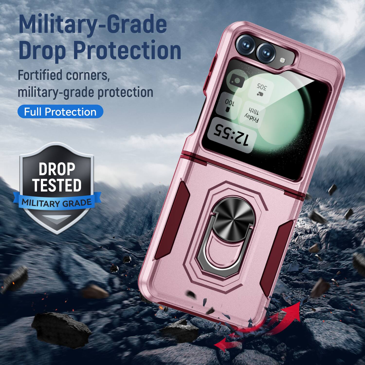 Military-Grade Drop Protection  
Fortified corners, military-grade protection  
Full Protection  

DROP TESTED  
MILITARY GRADE