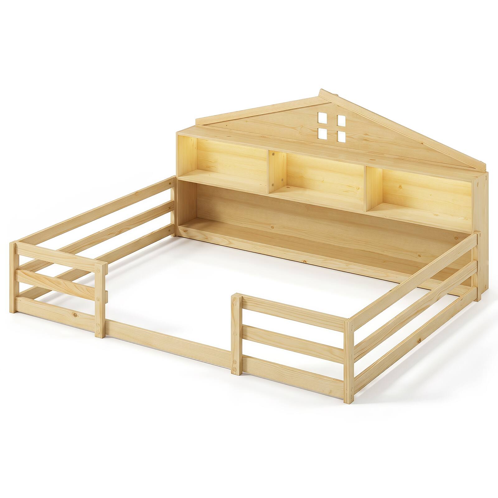 Alt View 1. Costway - Costway Full Size Montessori Floor Bed with LED Lights Safety Guardrails Compartments Shelf - Natural.