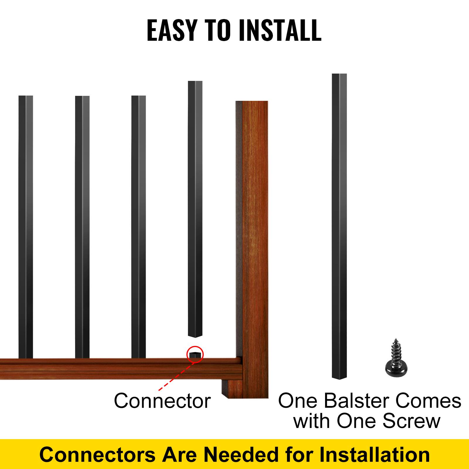 Easy to install. Connector one baluster comes with one screw. Connectors are needed for installation.