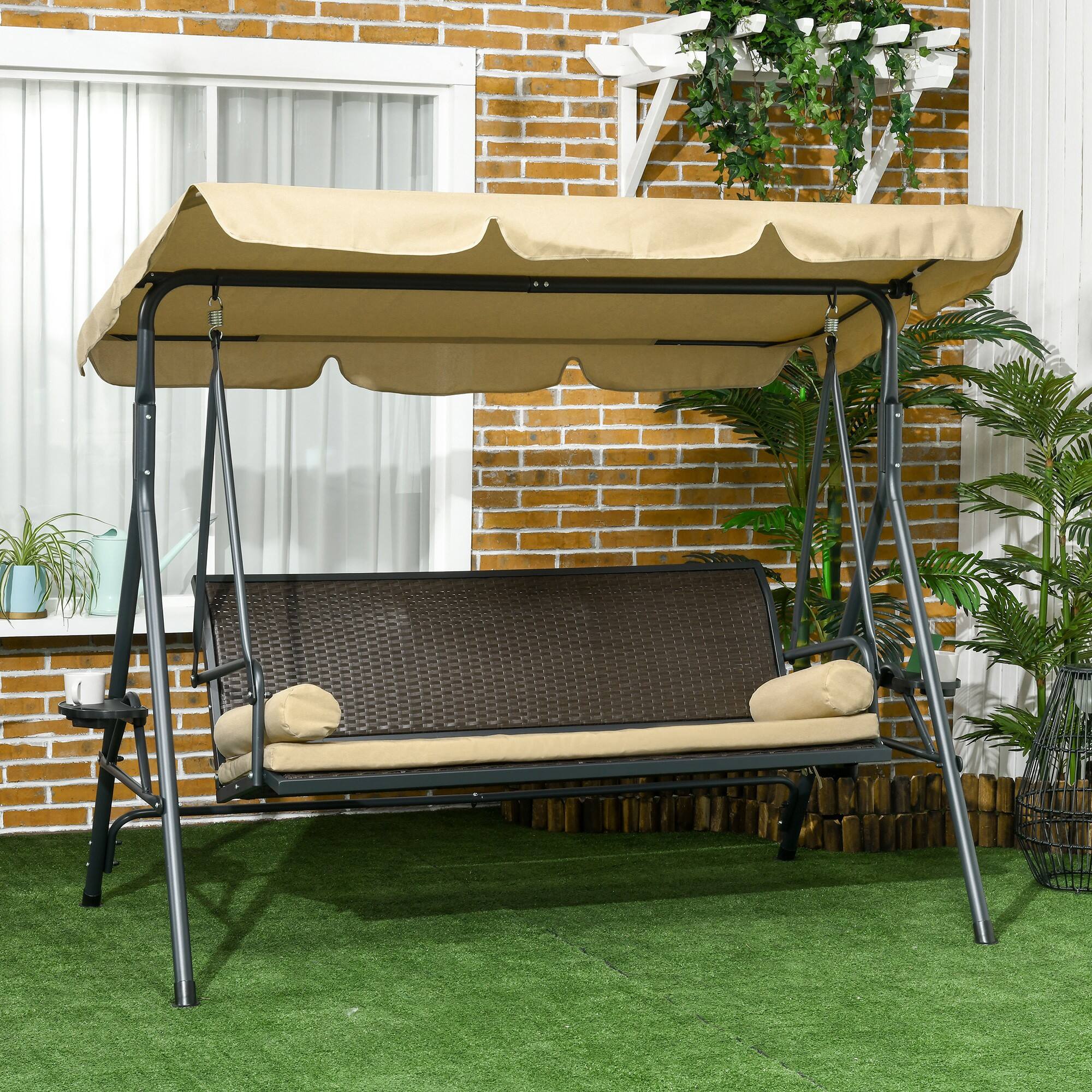Angle. Outsunny - Outsunny 3-Seat Patio Swing Chair Swing Bench for Outside w/ Adjustable Shade - Black, Brown, Khaki.
