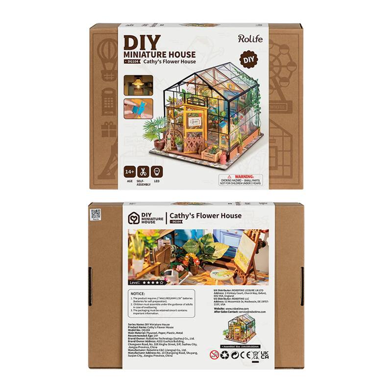 DIY MINIATURE HOUSE  
DGSDE Cathy's Flower House  
Rolife DIY WHITE  
14+ AGE SELF-ASSEMBLY  

WARNING:  
CHOKING HAZARD - SMALL PARTS  
NOT FOR CHILDREN UNDER 3 YEARS  

NOTICE:  
1. This product requires 3 AAA, 1.5V batteries (not included).  
2. Children should be supervised by an adult.  
3. Thoroughly read the instructions before assembly.  

Level: ★★★★☆  

Brand: Rolife  
Product Name: Cathy's Flower House  
Main Material: Plastic, Paper, Metal  
Company: Rolife Technology Co., Ltd.  
Address: 111 Shangcheng Road, Shangcheng District, Hangzhou, Zhejiang Province, China  
Manufacture Address: 111 Shangcheng Road, Shangcheng District, Hangzhou, Zhejiang Province, China  

CE  
UK  
CA  

Sattaras - 1  
te N -a - A D - 1 - FO00 - - - -e - - Fapn Serias iracus odus - - - band  
Pta d UM Sact Jange TM Cengedl " LAB