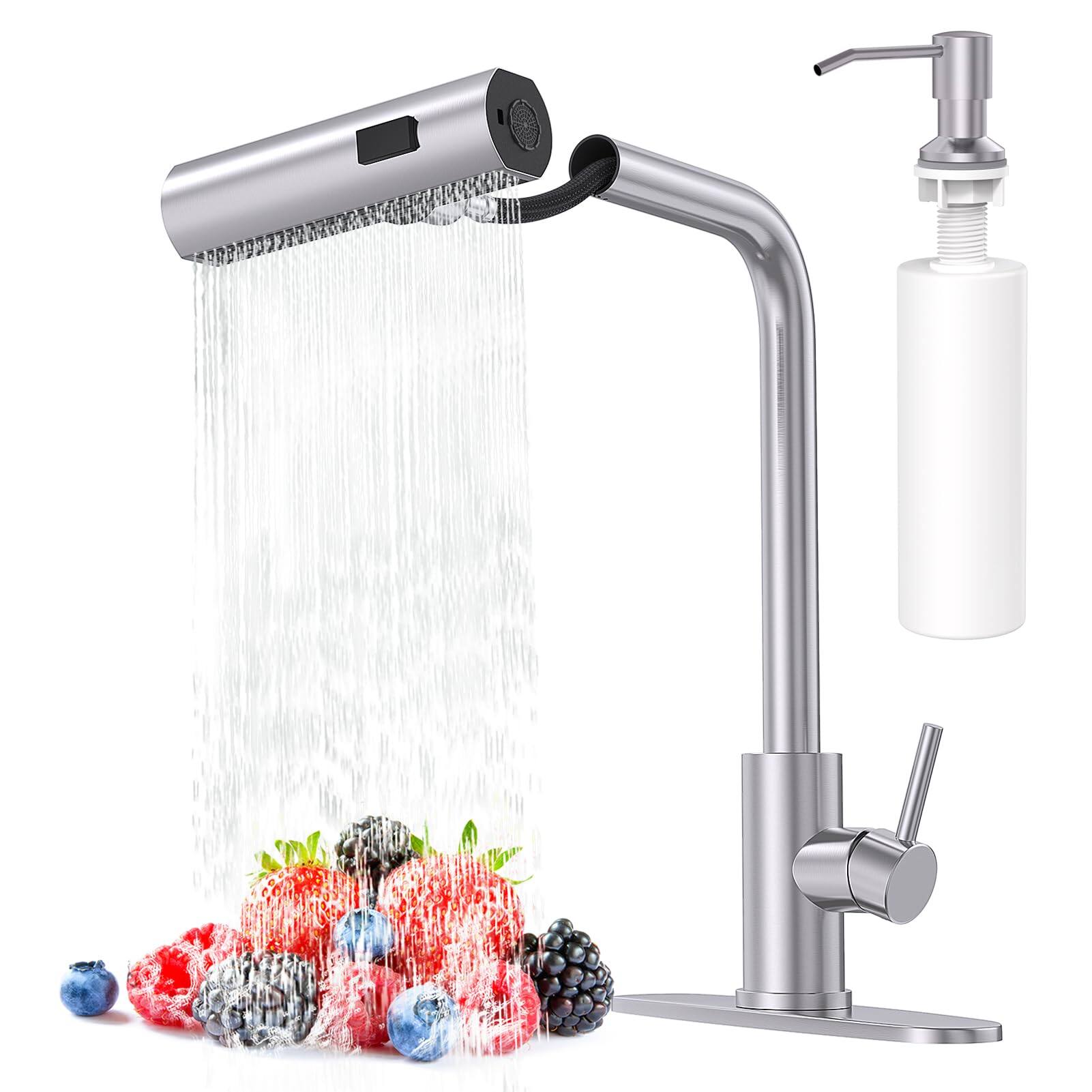 Paradigms Interiors - Waterfall Kitchen Faucets With Pull Down Sprayer Soap Dispenser In Chrome Single Hole Handle Out Tap Stainl - Brushed Nickel-Touch On