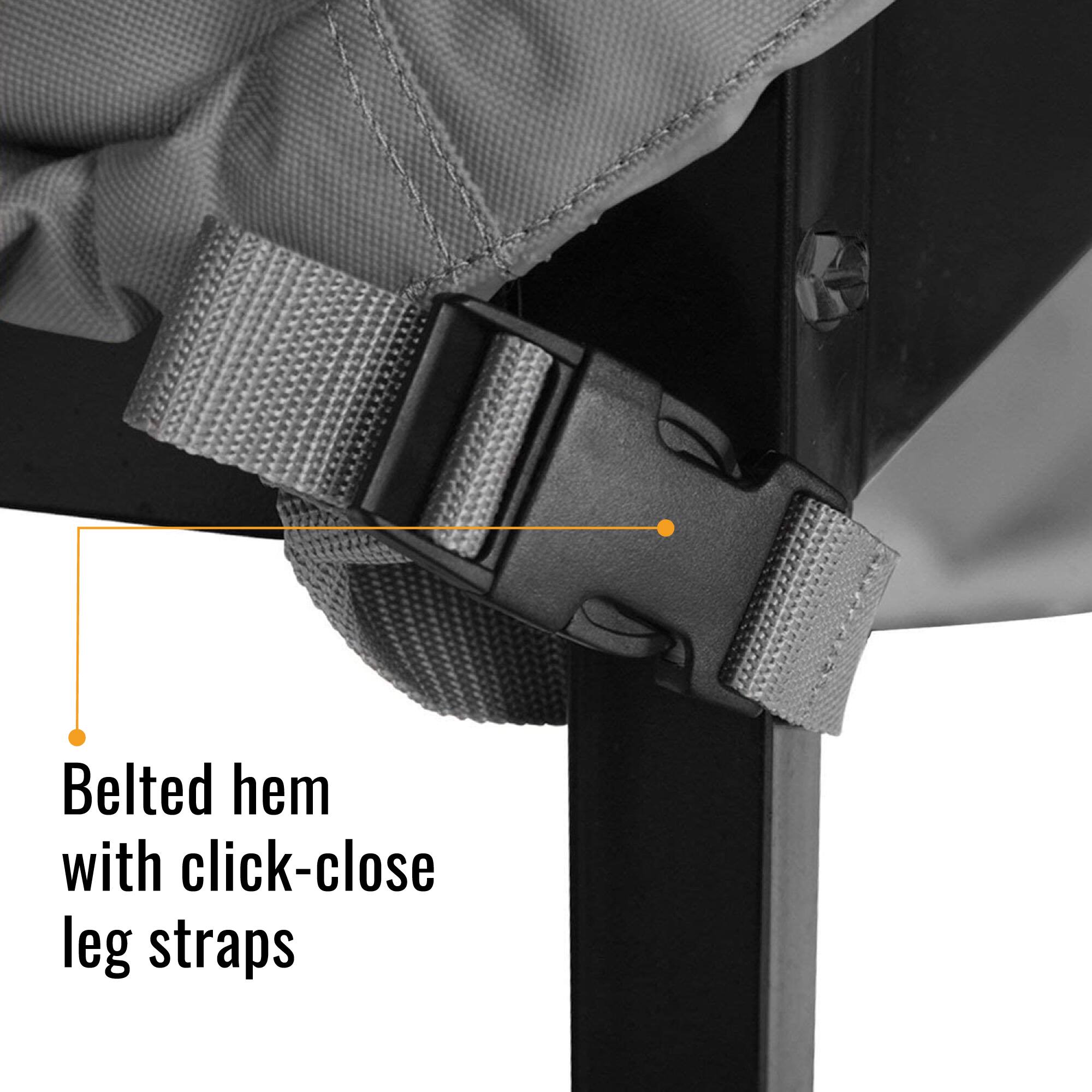 Belted hem with click-close leg straps