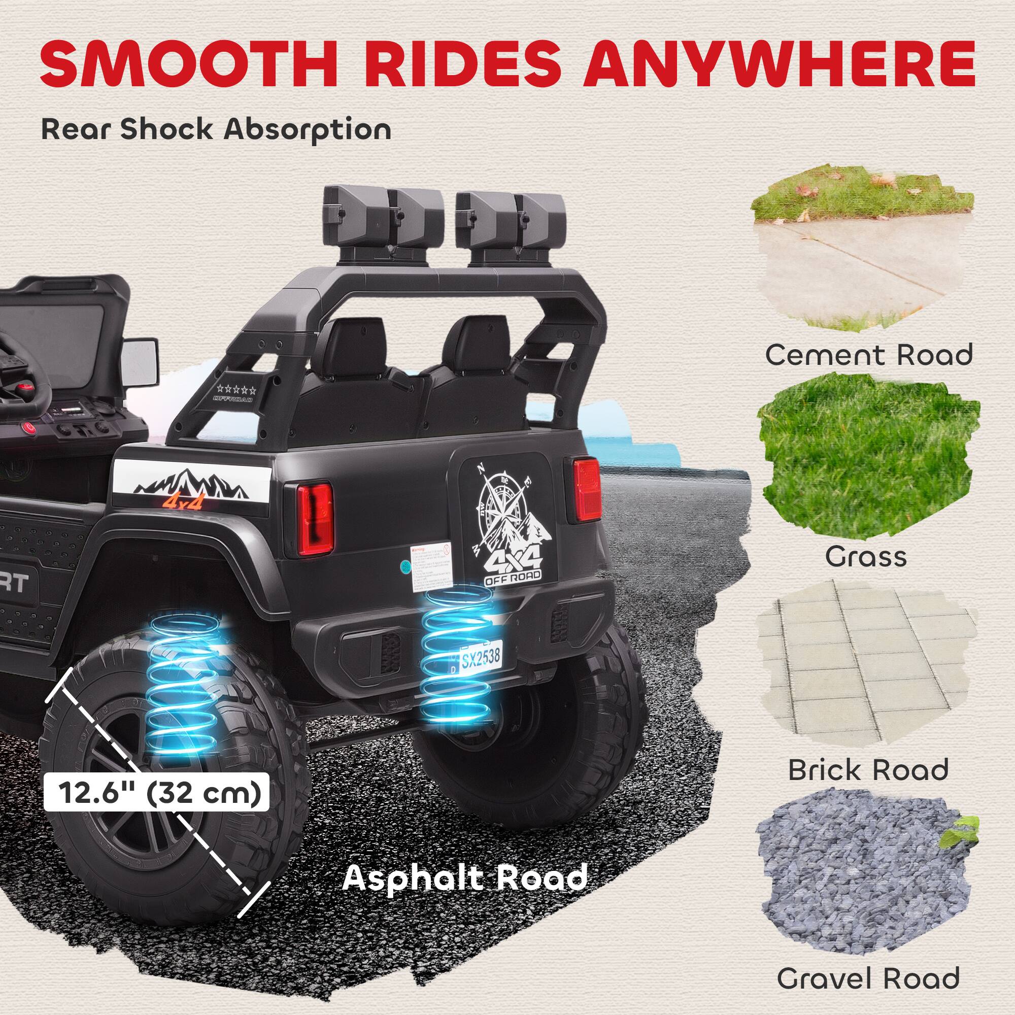SMOOTH RIDES ANYWHERE  
Rear Shock Absorption  

Cement Road  
Grass  
Brick Road  
Gravel Road  

12.6" (32 cm)  
Asphalt Road