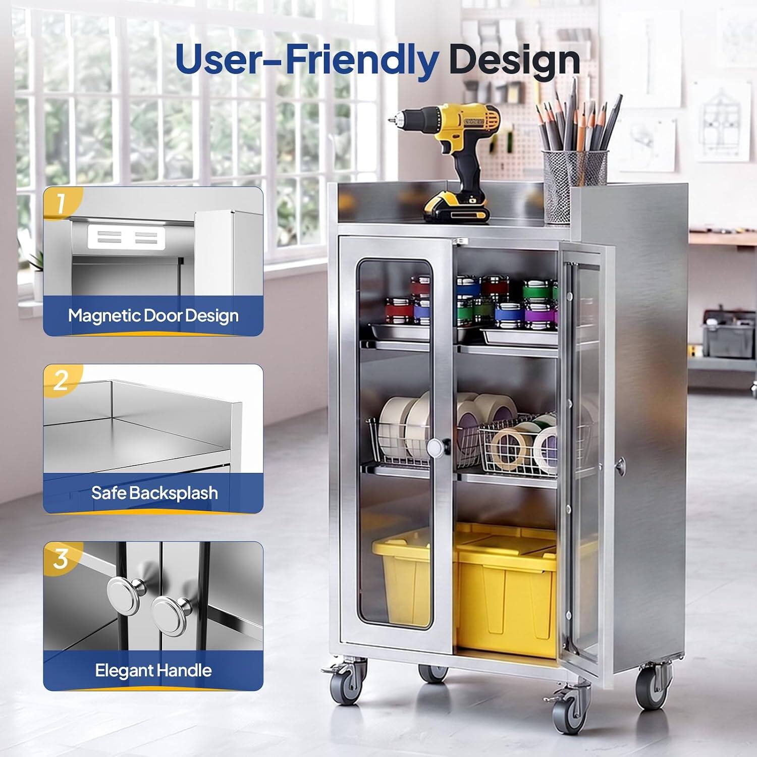 User-Friendly Design  
1. Magnetic Door Design  
2. Safe Backsplash  
3. Elegant Handle