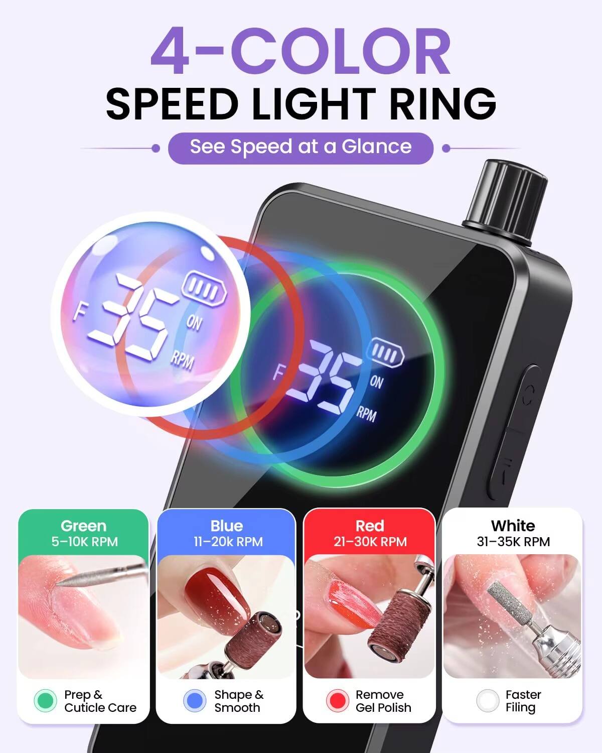4-COLOR SPEED LIGHT RING  
See Speed at a Glance

F 35 ON RPM  
Green 5-10K RPM  
Blue 11-20k RPM  
Red 21-30K RPM  
White 31-35K RPM

Prep & Cuticle Care  
Shape & Smooth  
Remove Gel Polish  
Faster Filing