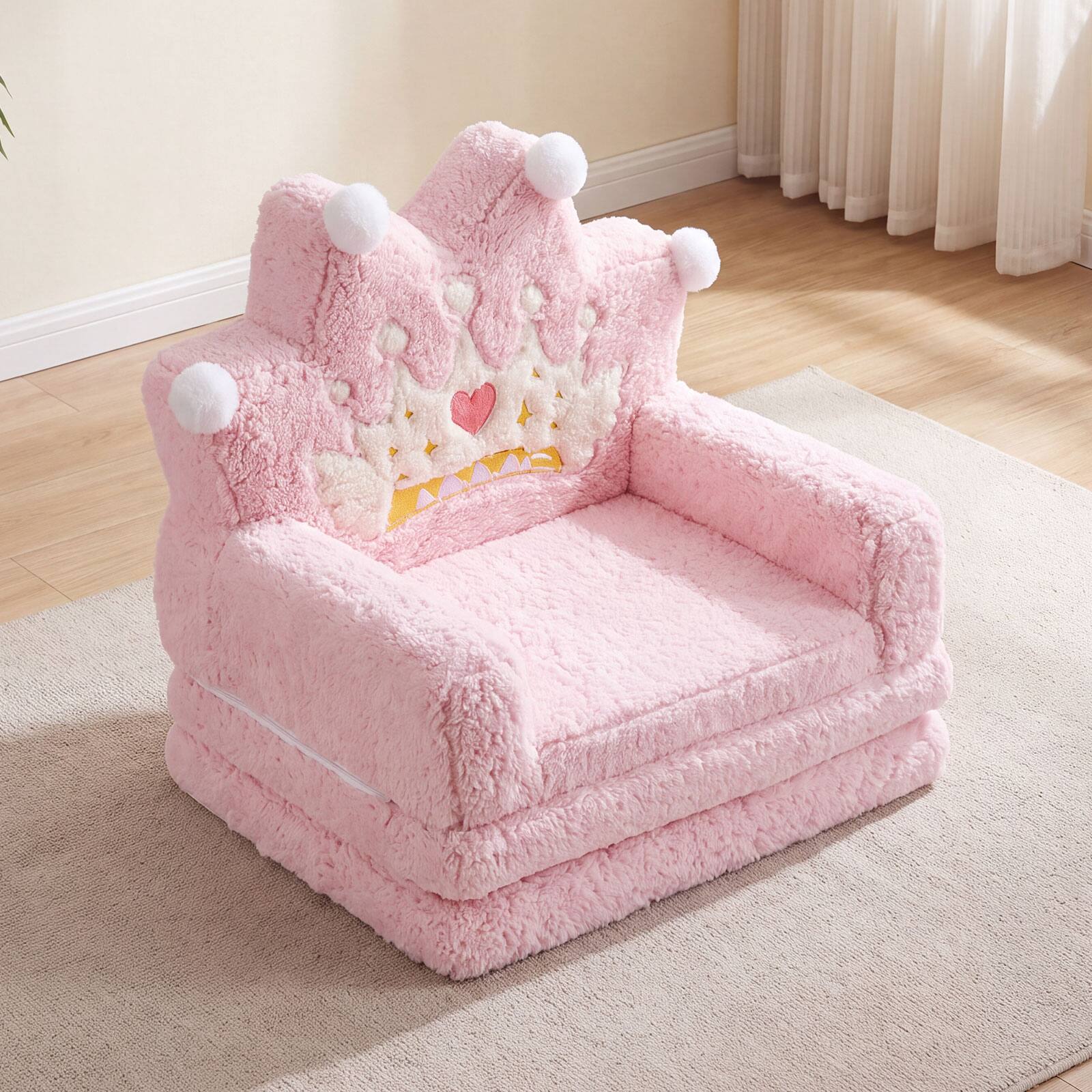 Alt View 4. Costway - Costway 2-in-1 Foldable Kids Sofa Bed Convertible Lounger with Crown Printed Designs Pink Crown - Pink Crown.