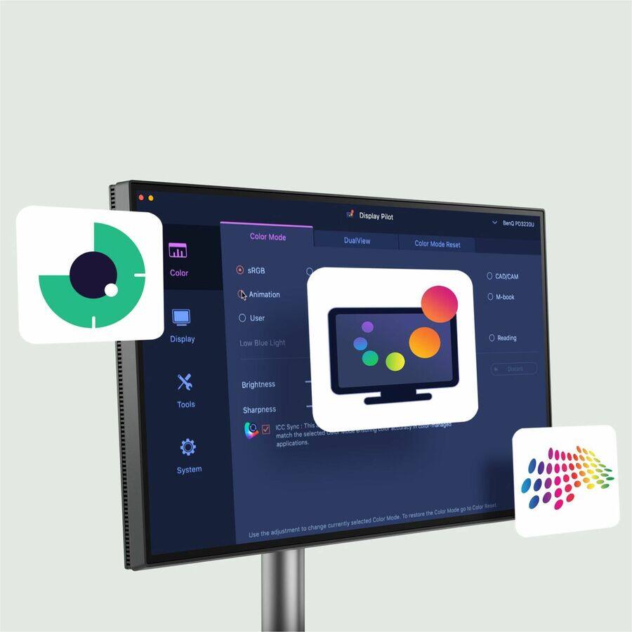 Color Mode Display Pilot DualView Color Mode Reset BenQ PO3220U Color SRGB 4 CAD/CAM Animation M-book User Display Low Blue Light Reading X Tools Brightness Sharpness ICC Sync This match the selected applications -  System Mode F 1 Color restore the Color Mode to selected Color change currently  Use the adjustment