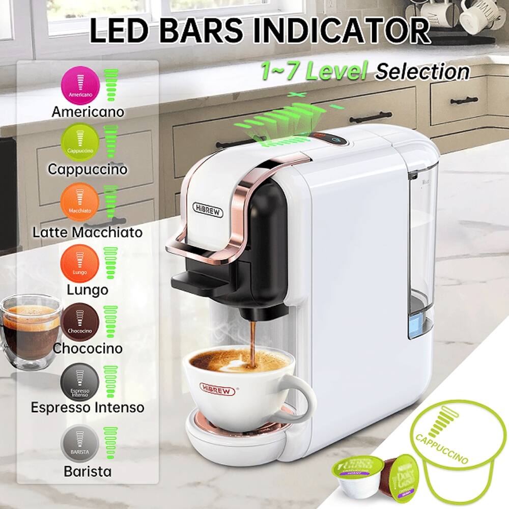 LED BARS INDICATOR  
1~7 Level Selection  

- Americano  
- Cappuccino  
- Latte Macchiato  
- Lungo  
- Chococino  
- Espresso Intenso  
- Barista  

HIBREW  
BARISTA Cappuccino  

NOW Dokt Gut  
C A M U O N