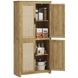 Homcom - 64" Boho Style Kitchen Pantry Cabinet with 4 Rattan Decorated Doors, Freestanding Kitchen Storage Cabinet - Natural Wood
