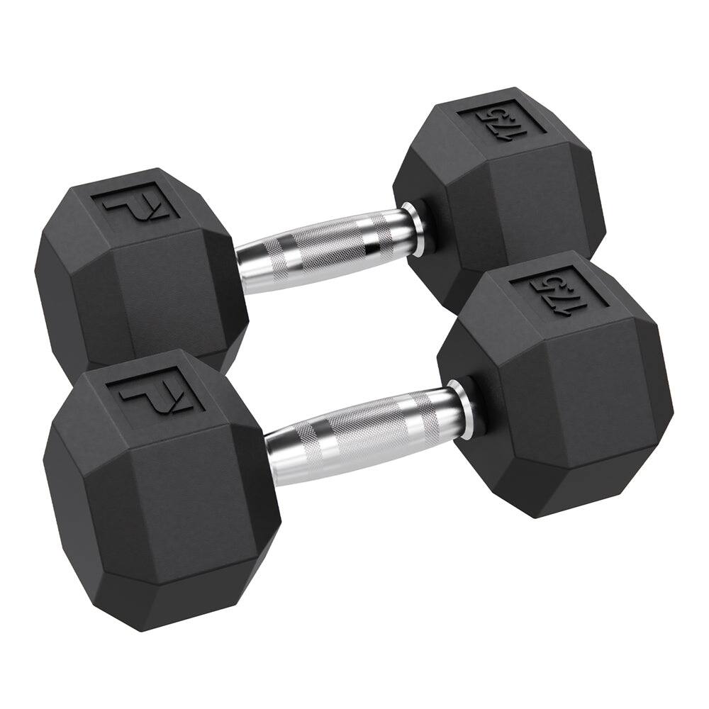Front. Power Systems - 17.5 lb Rubber Hex Dumbbells, Pair of Dumbbells w/Ergonomic Grip & Hexagonal Dead Design - Black.