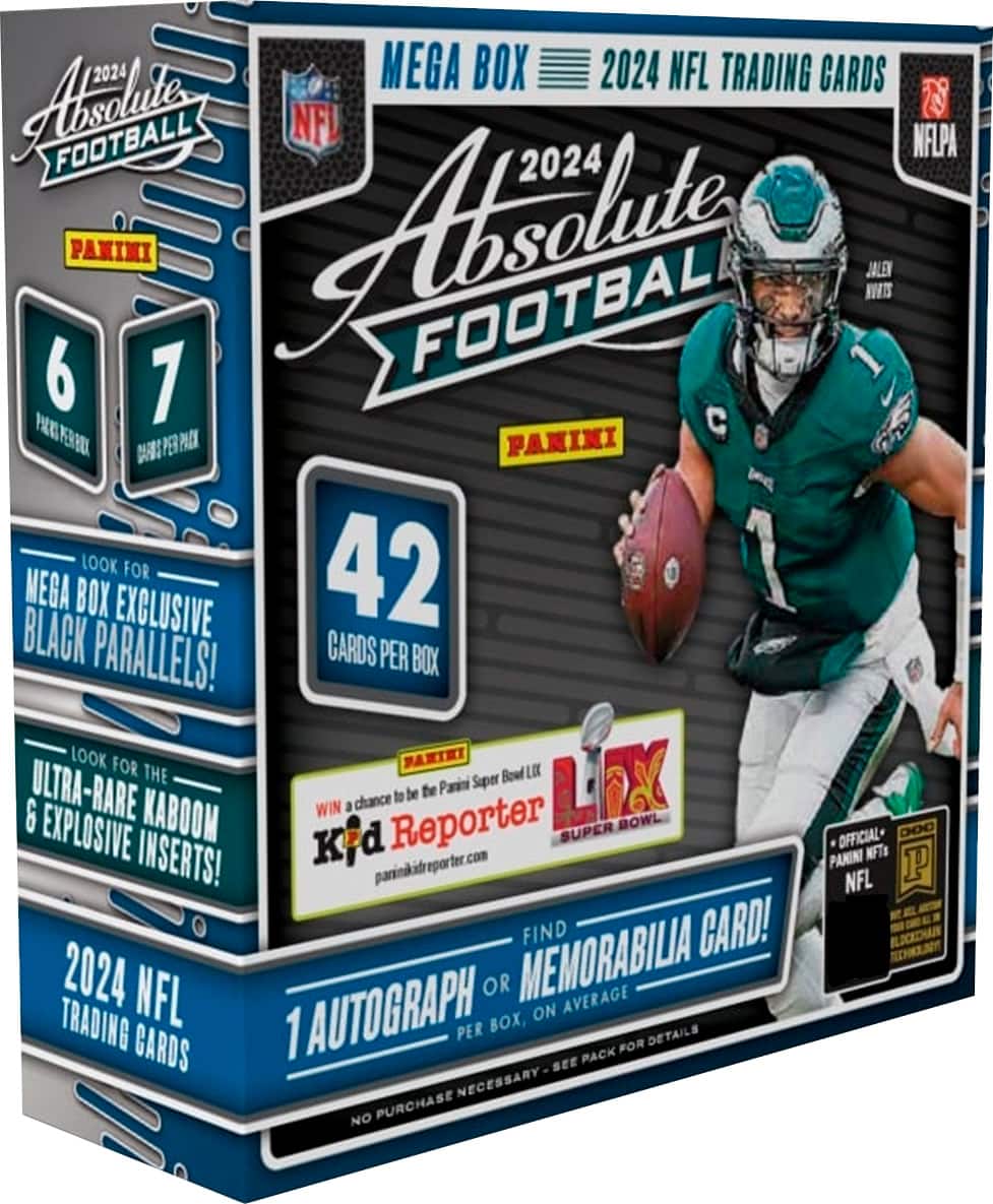 The text on the image is already grouped and corrected. It reads: "2024 Mega Box 2024 NFL Trading Cards Absolute Football NFL 2024 NFLPA PANINI Jalen Hurts 6 Football 1 Autograph PARALLELS! CARDS PER BOX LOOK FOR 42 1 BLACK PARALLELS! CHANCE TO WIN A 6 EXPLOSIVE KABOOM KID REPORTER SUPER BOWL OFFICIAL D00 INSERTS! PANINI NFTS parinikidreporter.com NFL AUTOGRAPH OR MEMORABILIA CARD! IN EVERY BOX, ON AVERAGE, YOU'LL FIND 1 AUTOGRAPH OR MEMORABILIA CARD! NO PURCHASE NECESSARY. DETAILS AND OFFICIAL RULES AT PARINIKIDREPORTER.COM."