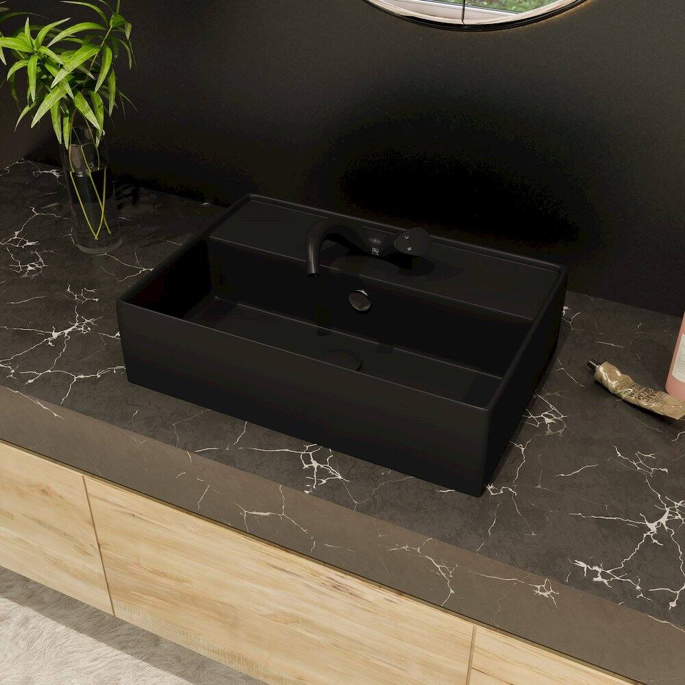 Angle. Alfi - Black Matte 24" Modern Rectangular Above Mount Ceramic Sink with Faucet Hole - Black.