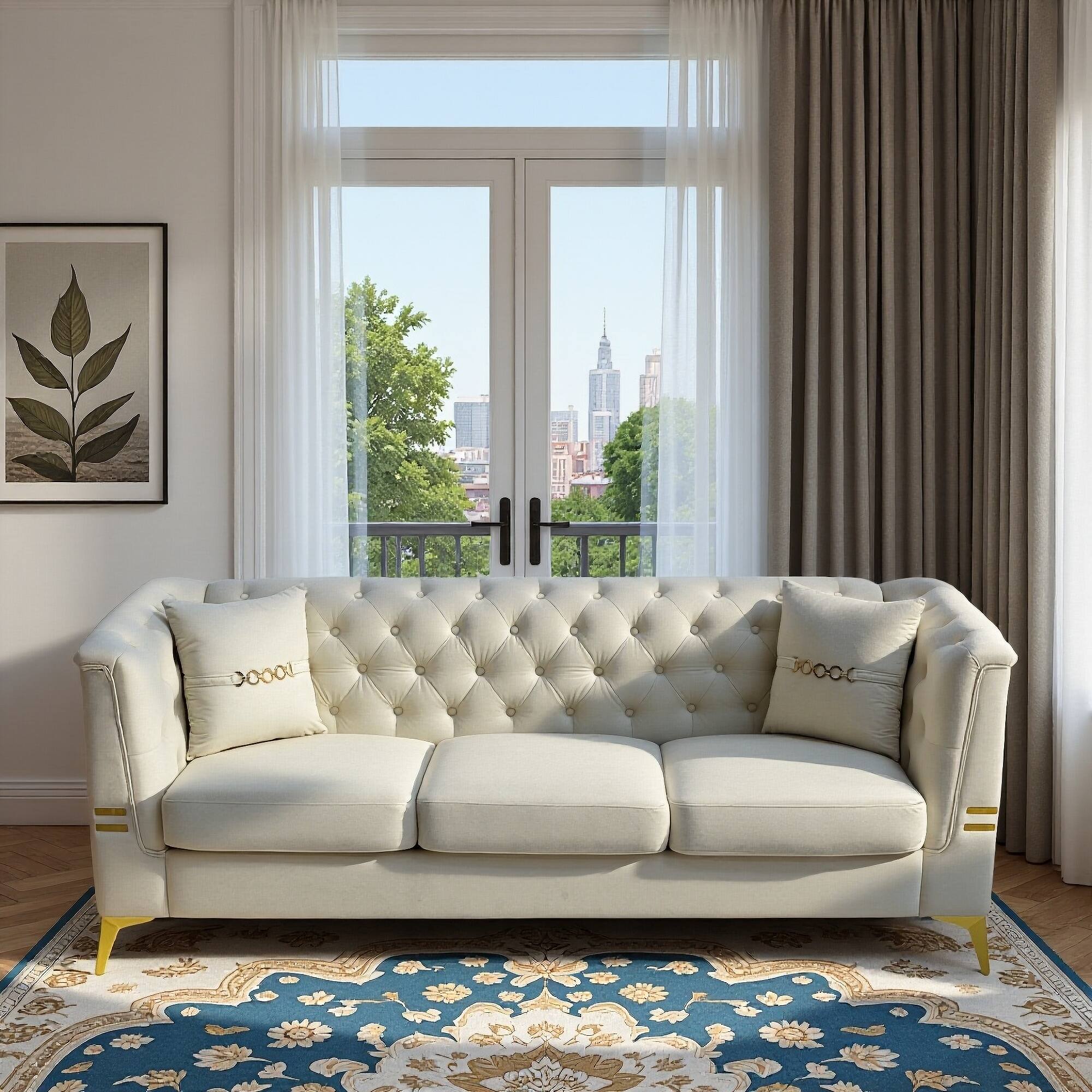 "Anysun - 82.7"" Velvet 3-Seat Chesterfield Sofa with Gold Legs - Modern Tufted Design, Includes 2 Pillows. - Camel" price history on PriceWatchPro