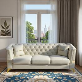 Anysun - 82.7" Velvet 3-Seat Chesterfield Sofa with Gold Legs - Modern Tufted Design, Includes 2 Pillows. - Camel